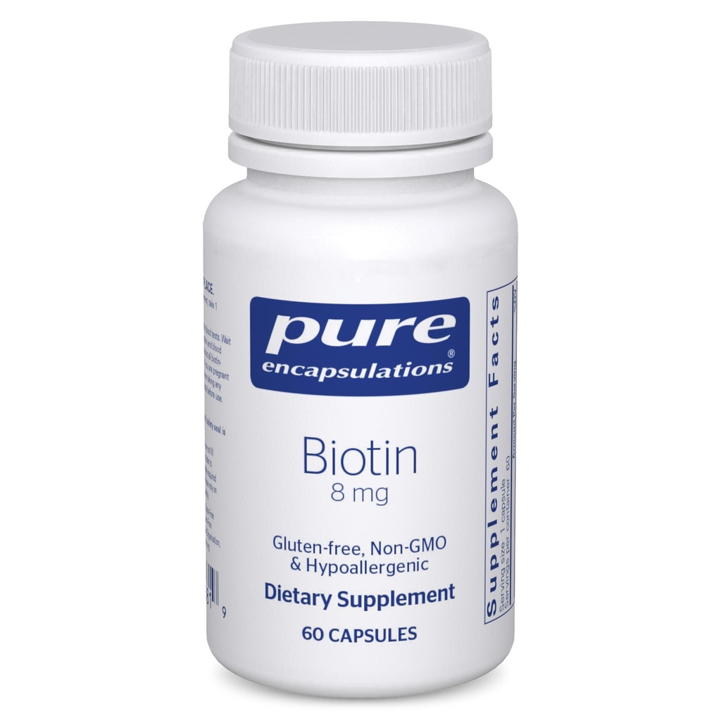 Encapsulations pures Biotin 8 mg - Supplément de vitamine B pour aider à soulager le stress, cheveux, peau et ongles Renforcement, métabolisme, hydrate de carbone et système nerveux* - avec la biotine Premium - 60 capsules