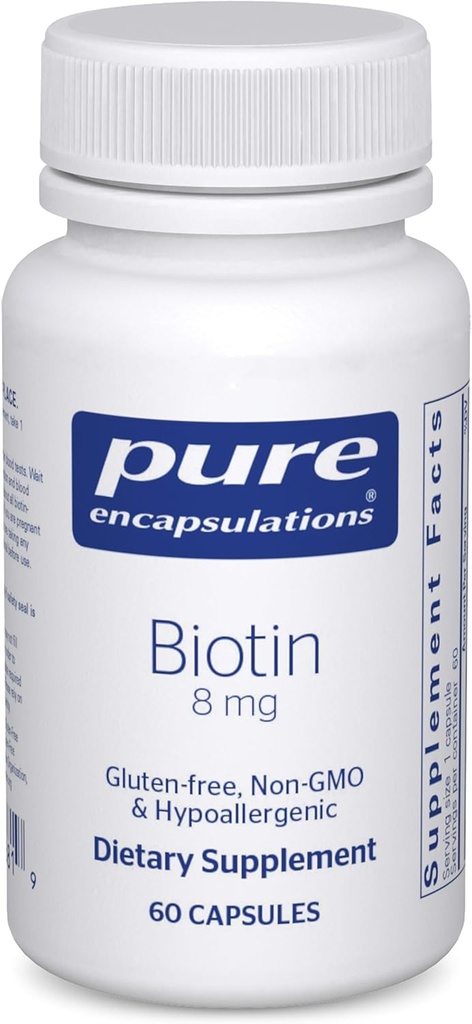 Encapsulations pures Biotin 8 mg - Supplément de vitamine B pour aider à soulager le stress, cheveux, peau et ongles Renforcement, métabolisme, hydrate de carbone et système nerveux* - avec la biotine Premium - 60 capsules