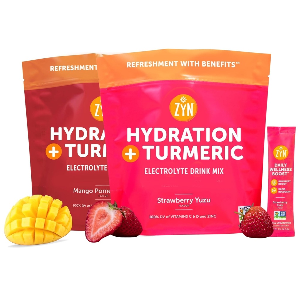 ZYN Electrolyte Drink Mix Hydration Packets, Electrolytes Powder, Hydration Packets w/Turmeric Curcumin, Vitamin C, Vitamin D, Zinc, Hydrate Electrolyte Powder Packets Bulk, Bundle of 2X 32
