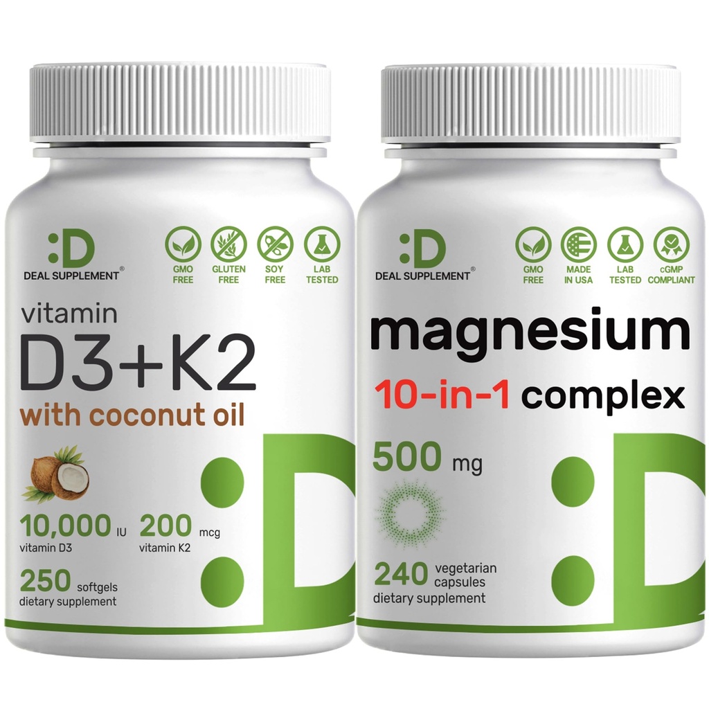 DEAL SUPPLEMENT Vitamin D3 10,000iu + K2 200mcg Softgels & Magnesium Complex Veggie Capsules Bundle – Essential Sunshine Vitamins with Coconut Oil – High Absorption Chelated Minerals, 10-in-1