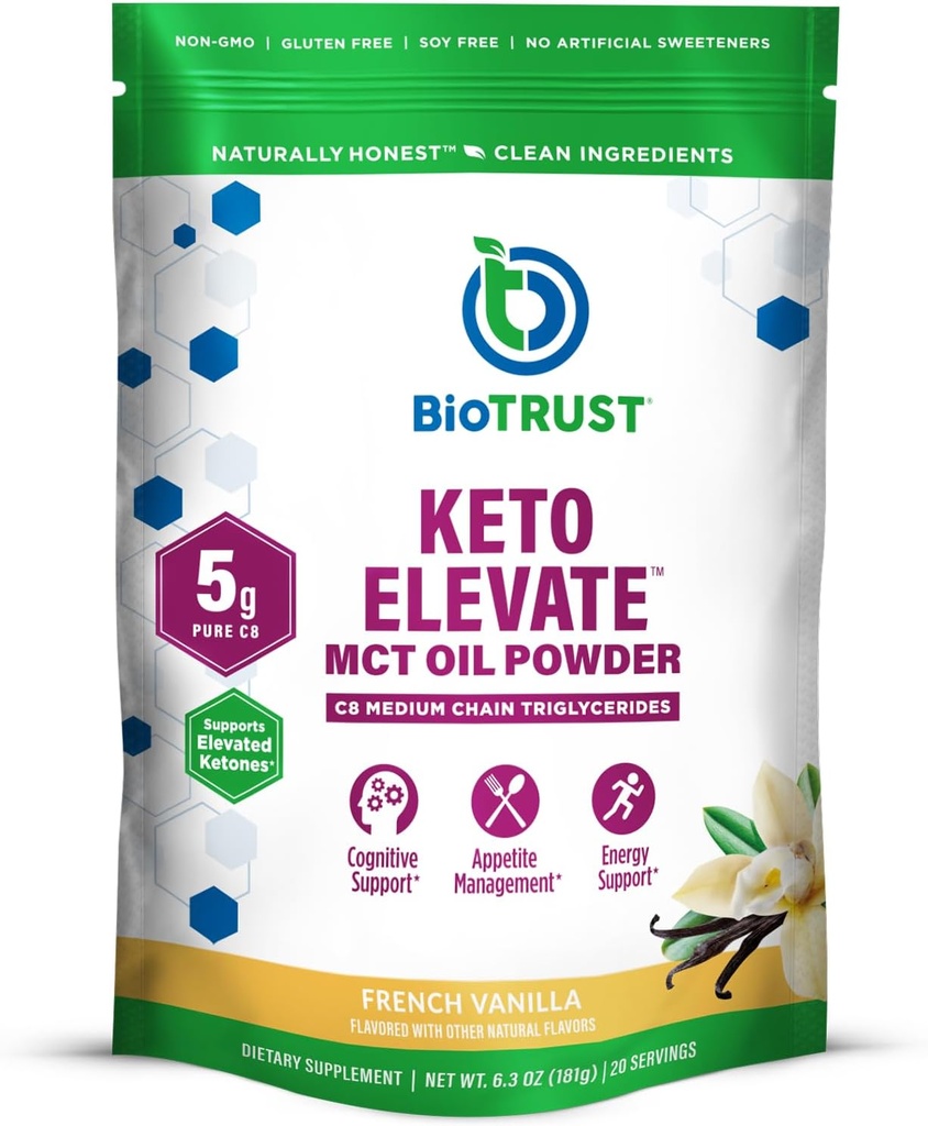 BioTrust Keto Elevate – C8 MCT Oil Powder – Ketogène MCT Coffee Creamer, Keto Coffee Creamer – Énergie propre, Focus mental, Clarté – 100% acide caprylique MCT Powder, Non-OGM (Vanille française, 20 portions)