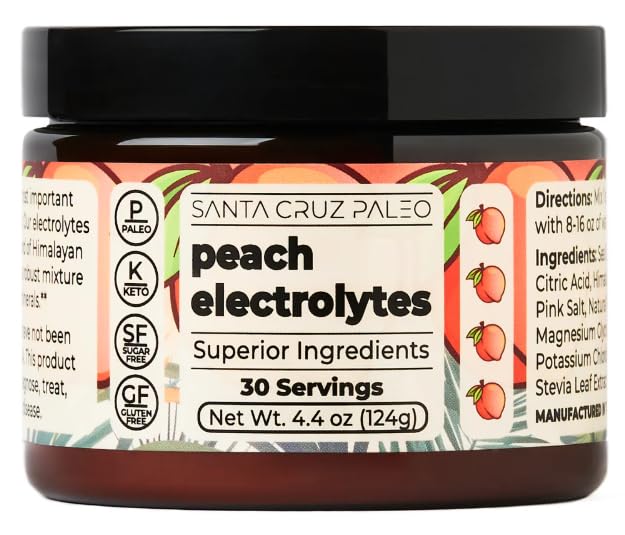 Santa Cruz Paleo Electrolyte Powder, Peach Flavor, Sugar Free Hydration Drink Mix with Himalayan Pink Salt, Sea Salt, Magnesium Glycinate, Potassium Chloride, Sweetened with Stevia, 30 Servings