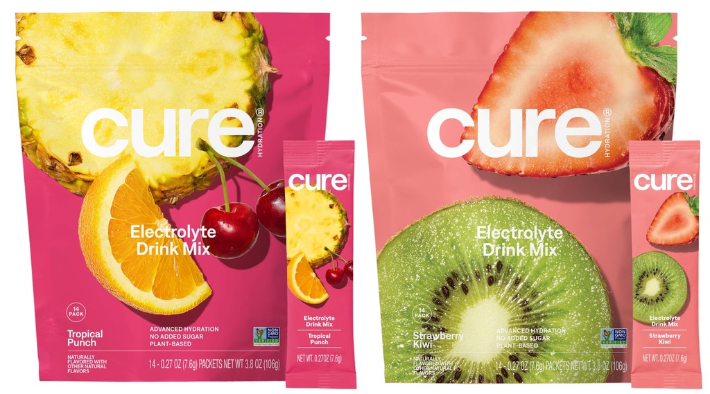 Cure Hydration Bundle | Plant-Based Electrolyte Drink Mix | No Added Sugar | FSA-HSA | Dehydration Relief Powder Made with Coconut Water | Vegan | 28 Packets - Strawberry Kiwi & Tropical Punch