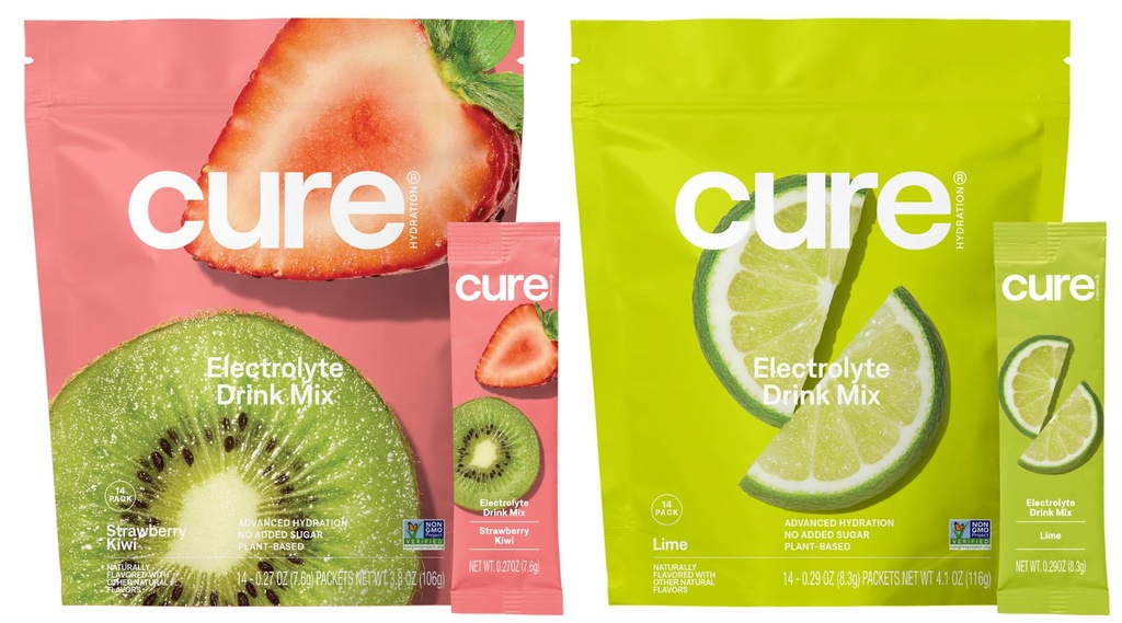 Cure Hydration Bundle | Plant-Based Electrolyte Drink Mix | No Added Sugar | FSA-HSA | Dehydration Relief Powder Made with Coconut Water | Vegan | 28 Packets - Strawberry Kiwi & Lime