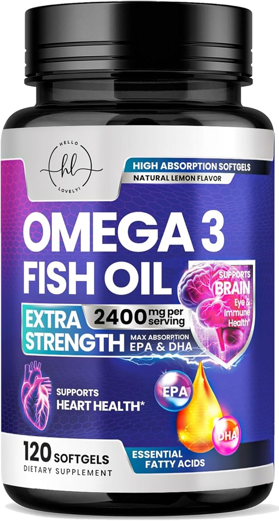Omega 3 Suppléments à l'huile de poisson 2400mg - Triple force Omega 3 Acides gras, Santé du cœur naturel Cerveau et soutien articulaire - Acides gras avec EPA et DHA - Supplément à l'huile de poisson capturé sauvage - 120 Softgels