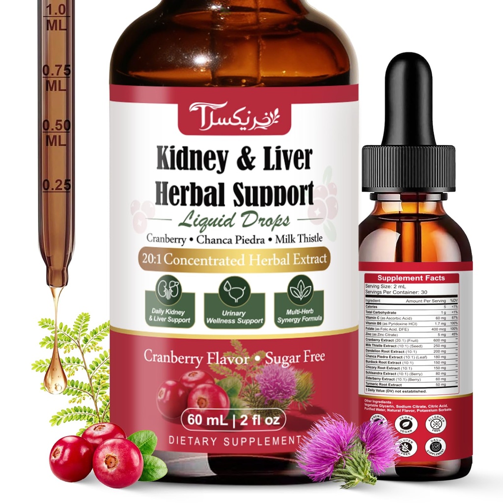 Kidney Cleanse & Liver Support Liquid Drops with Cranberry 20:1, Chanca Piedra & Milk Thistle, Herbal Supplement for Urinary Tract Support, Vegan, Sugar Free, 60 mL
