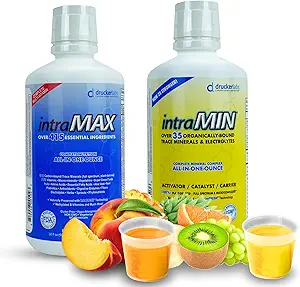 Drucker Labs intraMAX® (Mango de pêche) et intraMIN® (fruits tropicaux): Multivitamines et complexes minéraux tout-en-un (support immunitaire, non OGM, sans produits laitiers, sans gluten, végétarien, 32 fl oz chacun)