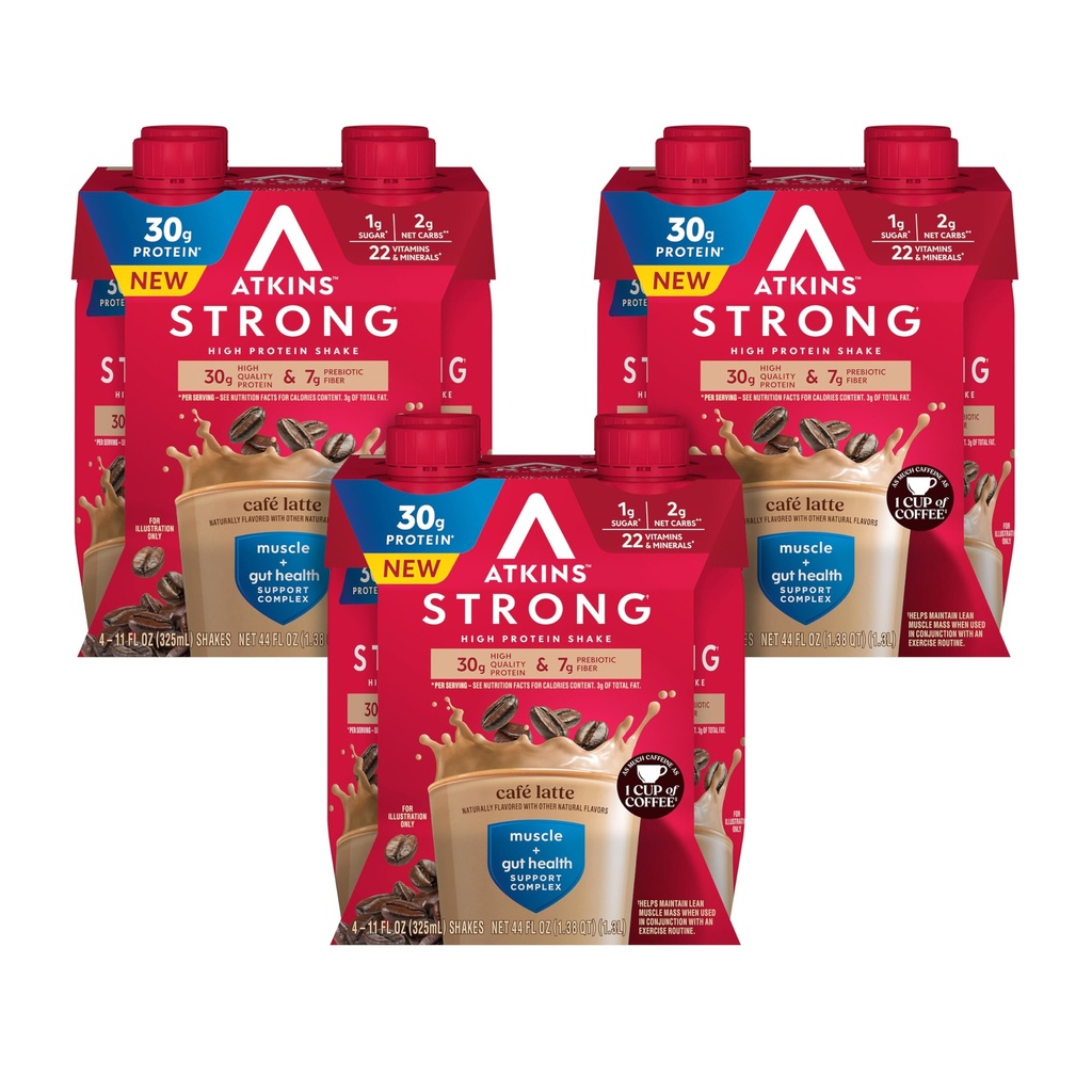 Atkins Strong High Protein Shake, Café Latte Flavored, 30g Protein, 7g Prebiotic Fiber, 1g Sugar, Muscle and Gut Health Support, GLP-1 Support, Low Carb and Low Sugar Coffee Protein Shake, Keto Friendly, 12 Count