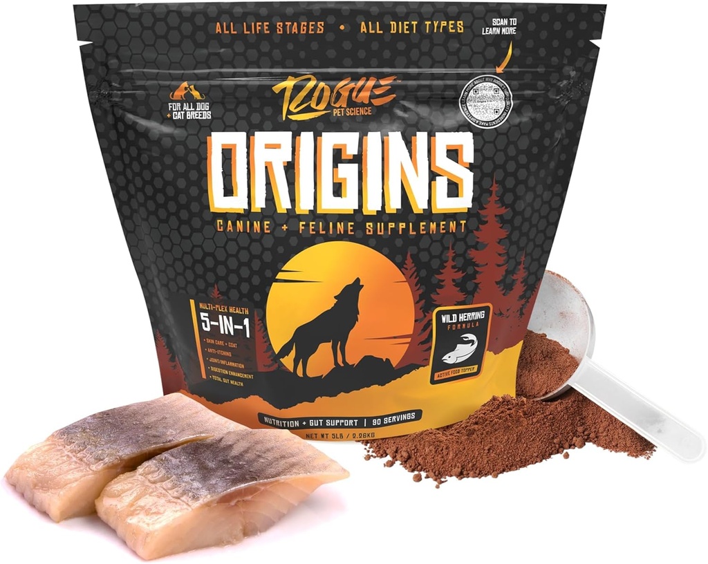 SCIENCE DU PET ROGUE Origines Supplément de chien 5-en-1 - Topper alimentaire en poudre avec huile de poisson Omega 3 - Soutient la digestion saine, la peau et le manteau - Aide à réduire les démangeaisons et l'inflammation articulaire (5 lbs)