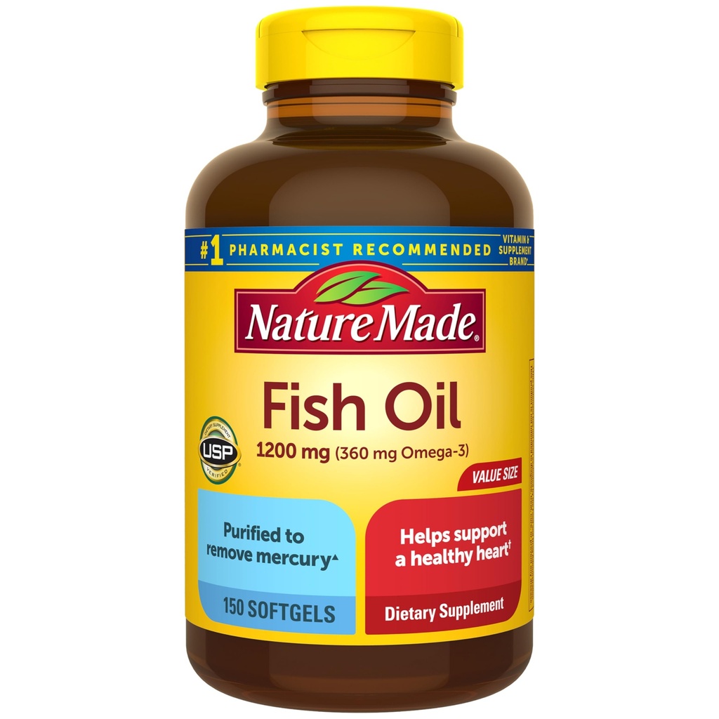 Huile de poisson de nature Omega 3 suppléments, 1200 mg de softgels, Omega 3 huile de poisson pour un soutien cardiaque sain, 150 softgels, 75 jours d'approvisionnement