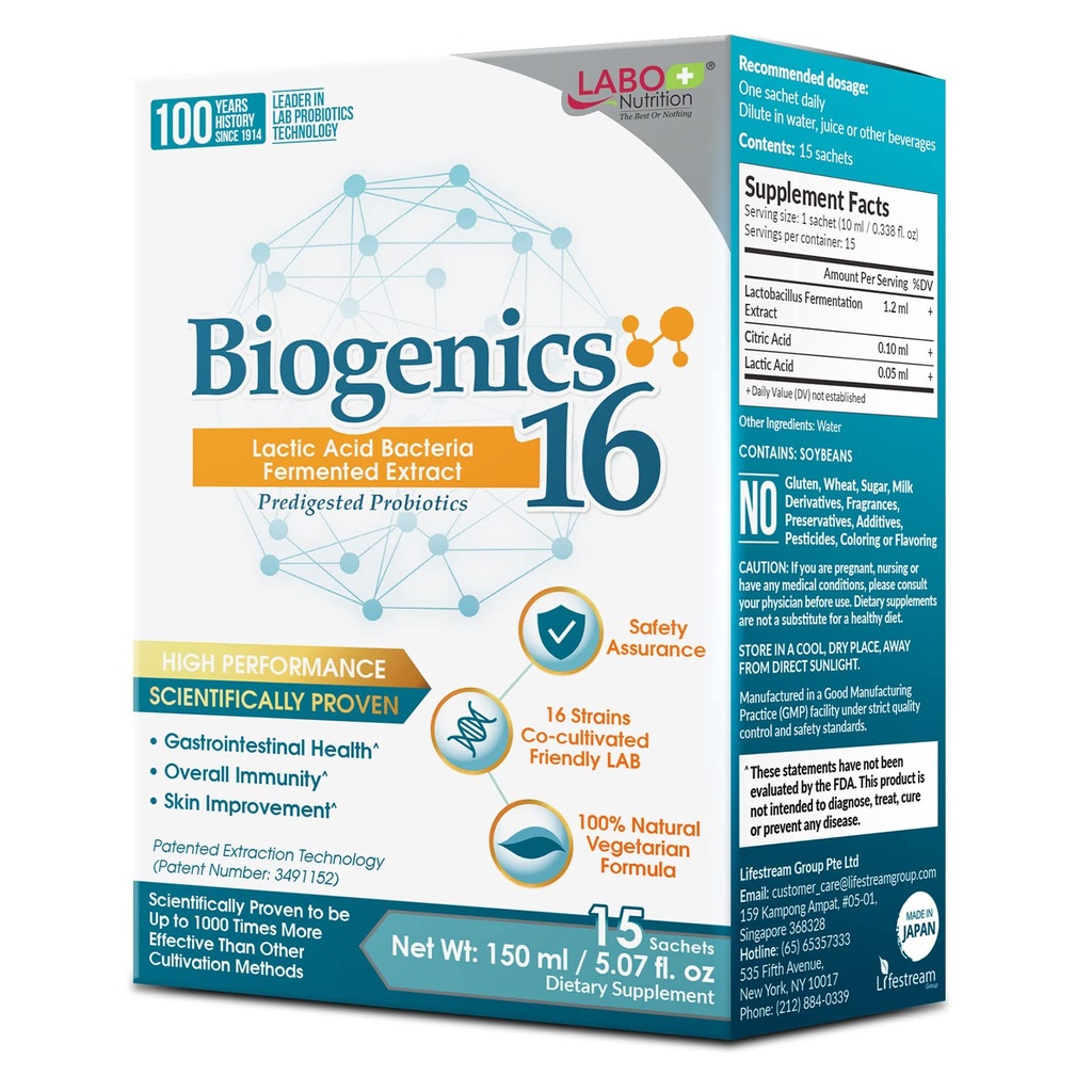 LABO Nutrition Biogénique 16–Acid Bactérie lactique Extrait fermenté, 1000x Plus efficace, Gut Health Support Beyond Probiotiques & Prébiotiques, Améliorer la peau intestinale et la santé immunitaire, 10mlx15 sachets