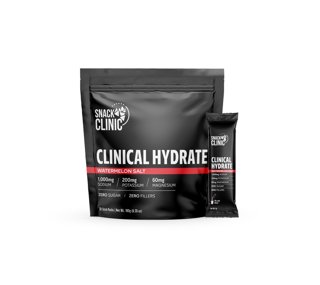 Clinical Hydrate High Sodium Electrolyte Powder Packets 1,000mg Sodium, 200mg Potassium & 60mg Magnesium Zero Sugar, Keto & Paleo Friendly Watermelon Salt 30 Stick Packs