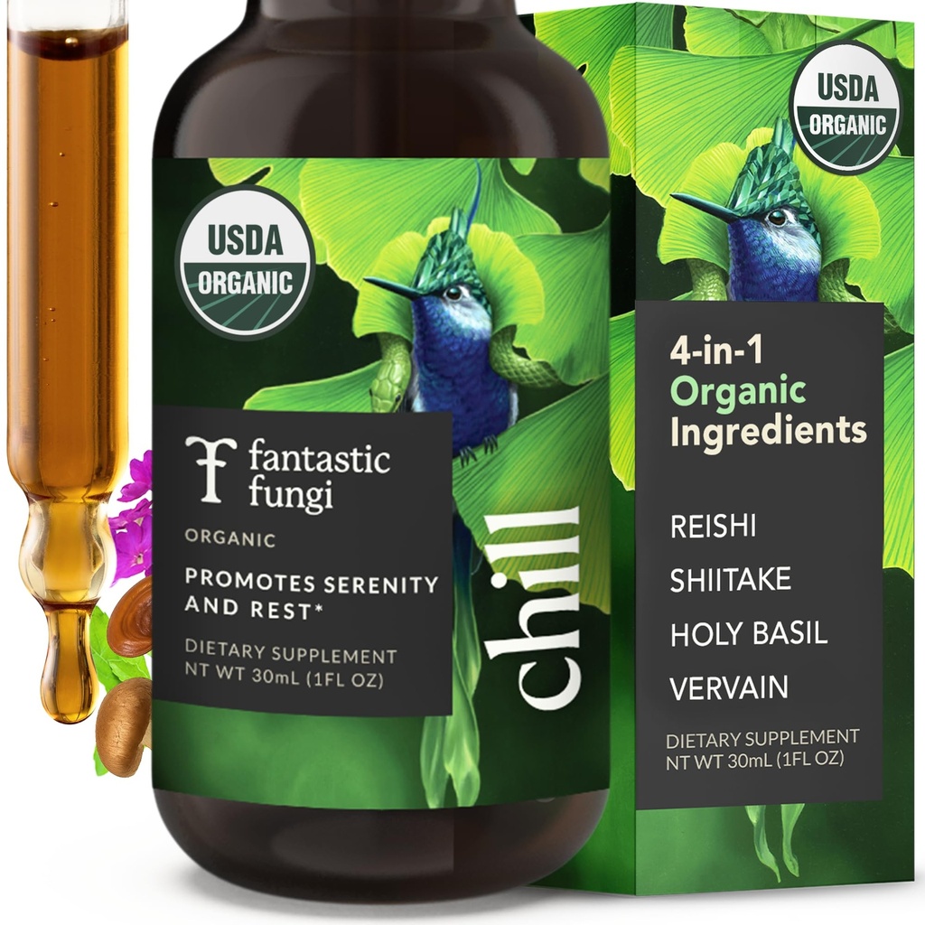 Fantastic Fungi Reishi Mushroom Extract Drops with Shiitake, Holy Basil & Vervain - Chill Elixir Mushroom Tincture - 4-in-1 Organic Mood Support Supplement for Relaxation & Calm, 30 Servings, 1 fl oz