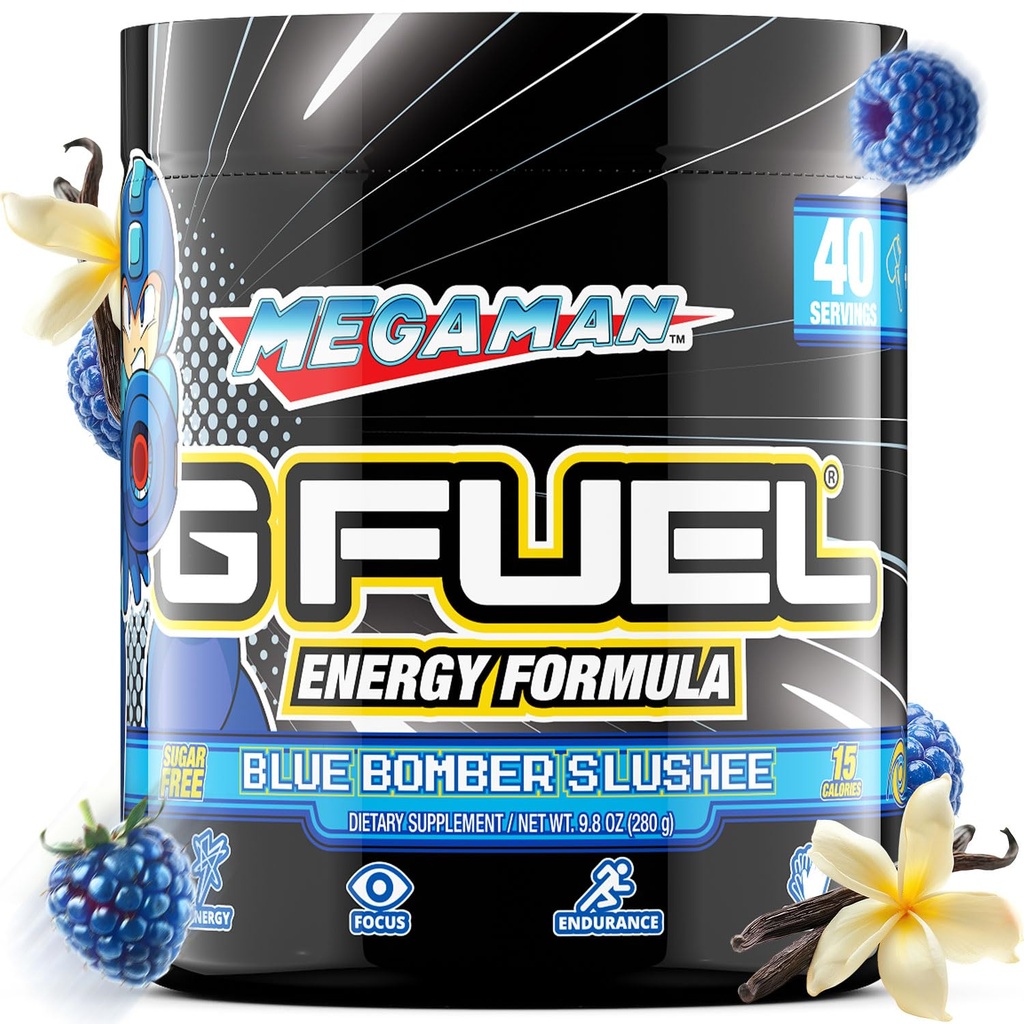 G Carburant Megaman Energy Drink Poudre, Pré-entraînement Mélange de caféine pour le jeu, sans sucre Focus Amino, Vitamine + Antioxydants, 9.9oz (Blue Slushee, 40 portions)