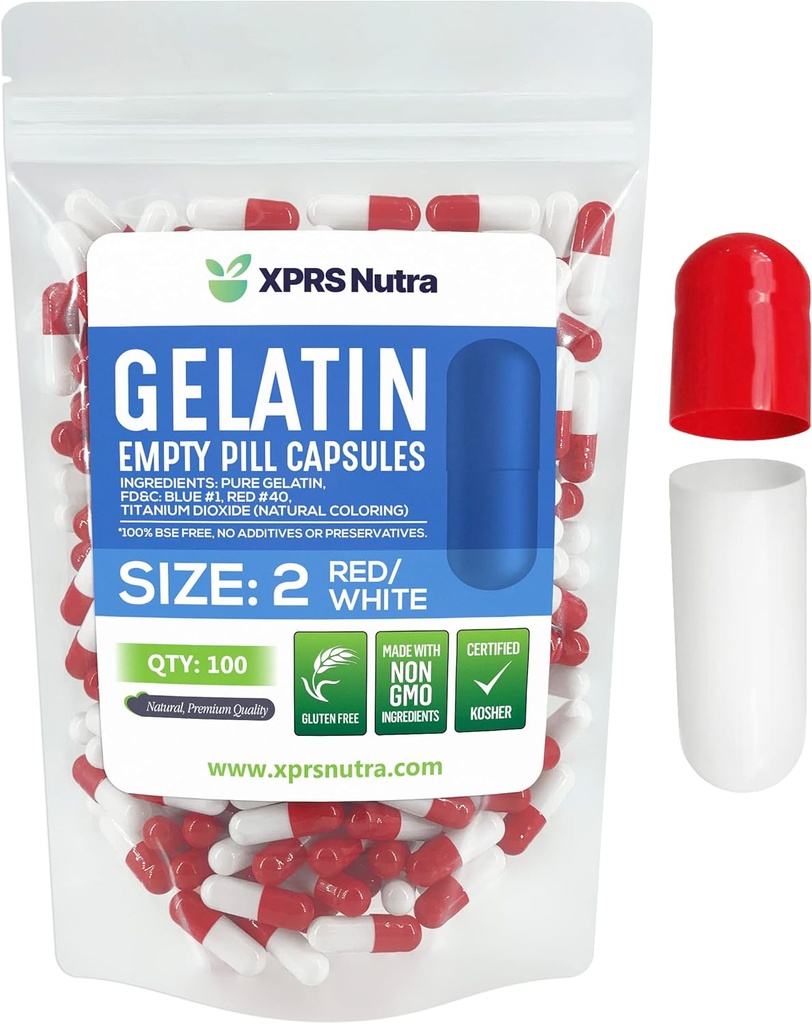 XPRS Nutra Size 2 Empty Capsules - 100 Count Empty Gelatin Capsules - Pills DIY Capsule Filling - Pure Bovine Pill Gel Caps for Do-It-Yourself Supplements (Red/White)