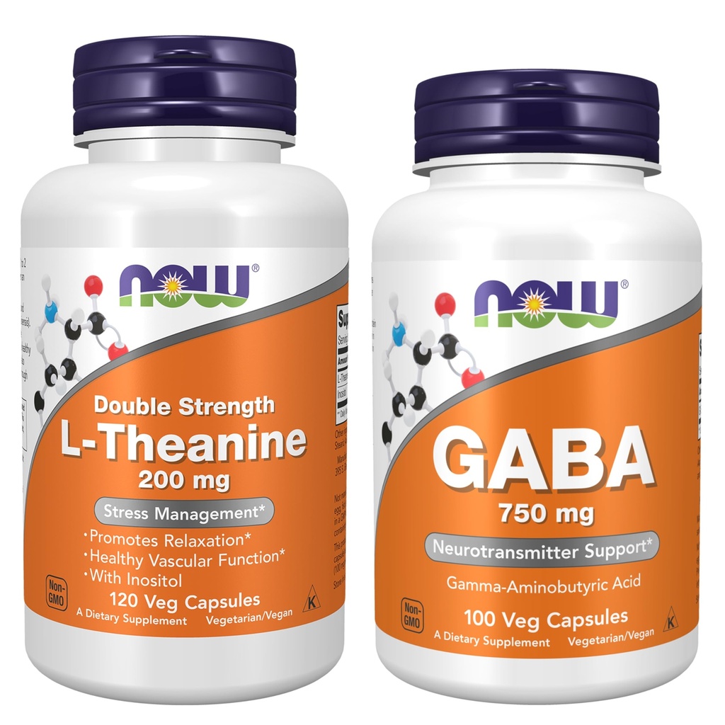 NOW Foods Supplements, L-Theanine 200 mg with Inositol, Stress Management*, 120 Veg Capsules with Now Supplements, GABA (Gamma-Aminobutyric Acid) 750mg, 100 Veg Capsules