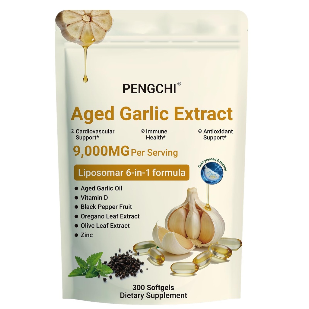 PENGCHI Odorless Aged Garlic Extract - 9000mg Odorless, Advanced Heart & Immune Support Formula with Vitamin D, Zinc, Oregano & Olive Leaf, High Potency Antioxidant Supplement, 300 Softgels