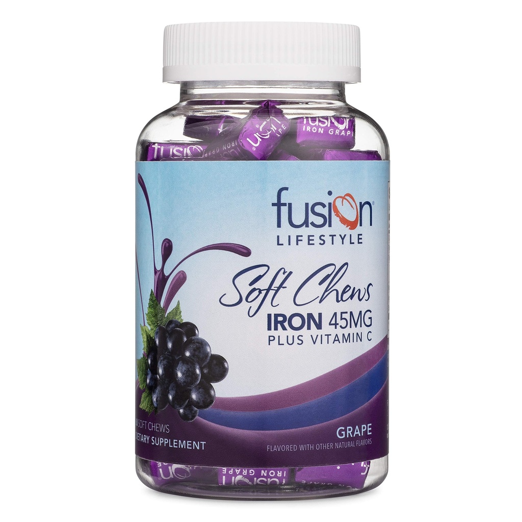 Fusion Lifestyle Chewable Iron Supplement for Women & Men - Grape Flavor, Iron Vitamin C Soft Chew for Max Absorption, Iron as Ferrous Fumarate, Ideal for Anemia and Iron Deficiency, 2 Month Supply