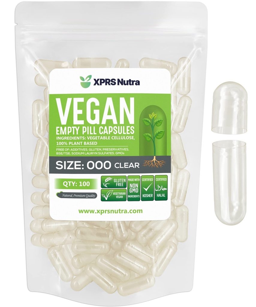 XPRS Nutra Vegan Taille 000 Capsules vides - 100 Nombre Effacer Capsules vides Vegan - Pilule végétarienne - Bricolage Gélule végétale Remplissage - Pilules de légumes