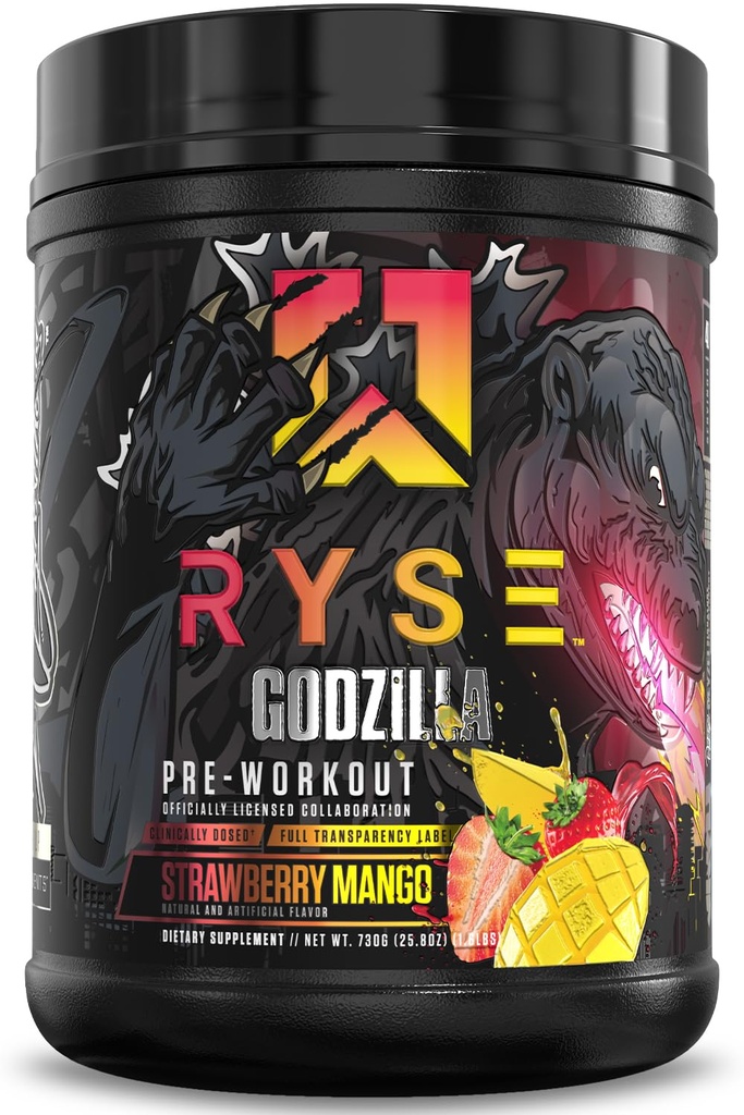 RYSE Godzilla X Noel Deyzel Pre Workout Powder - Strawberry Mango - 400mg Caffeine, High Stim Pre-Workout for Men & Women with Citrulline & Beta Alanine - Energy, Pump & Focus - 20/40 Servings