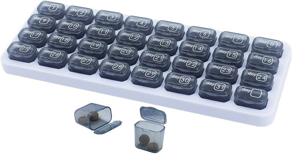 Organisateur mensuel de pilules, Grande Pill Box 31 Jour, Daily Pill Case, Pill Holder Conteneur de vitamine, Médecine, Supplément, Huile de poisson, Gris