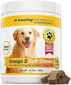 Extraordinaire Omega 3 pour les chiens - Omega 3 Huile de poisson pour les chiens Supplément pour le soulagement de la peau démangeaisons pour la peau sèche et les taches chaudes et Shedding Coat avec l'EPA et les acides gras DHA - 90 Bacon Soft Chews