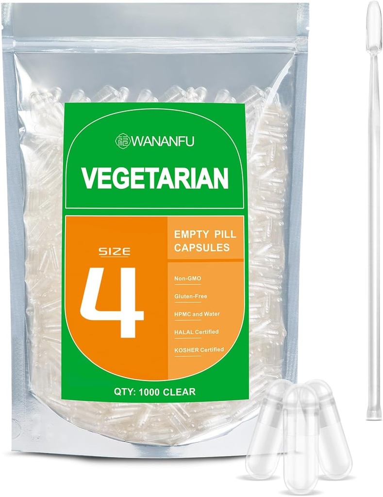 wananfu Taille 4 Capsules vides Végétarien (500 Nombre) Bundle avec 2 cuillères Micro Lab, Effacer les capsules de pilules Veggie Taille 4 pour faire vos propres suppléments