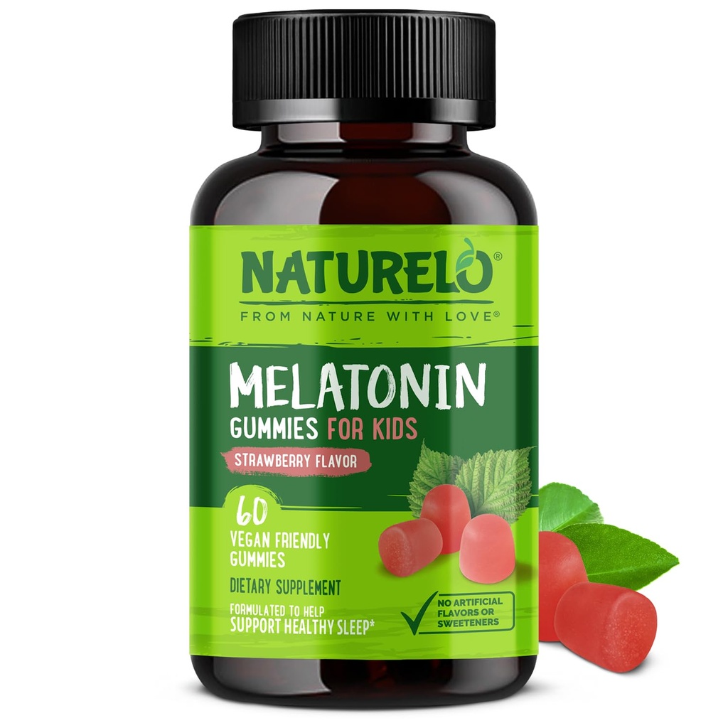 NATURELO Mélatonine Gommies pour enfants Non-OGM, sans gluten, sans soja - Flaveur de fraises - Supplément de sommeil doux - 60 Gommies végétariennes