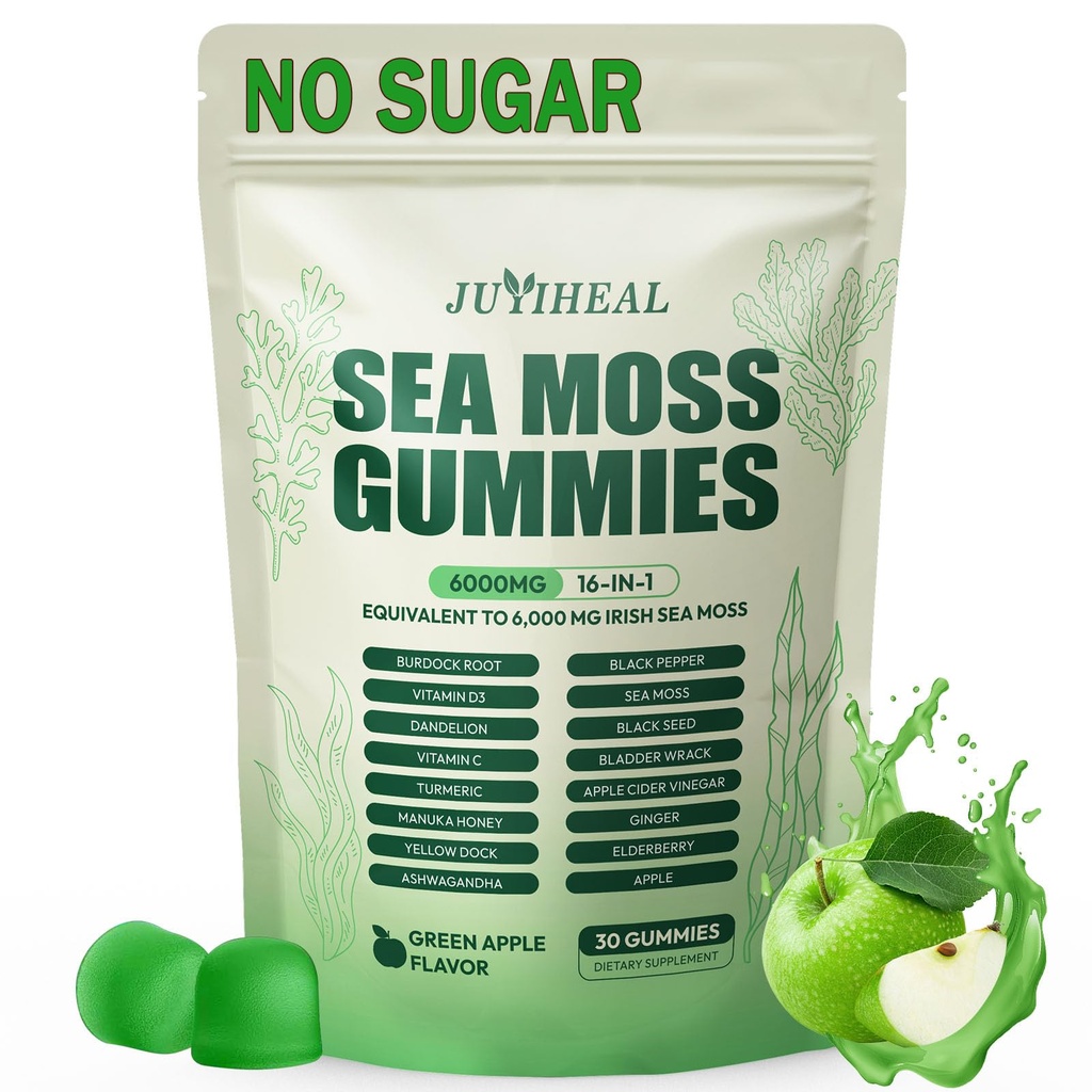 16 in 1 Sea Moss Gummies with Ashwagandha Black Seed Oil Bladder Wrack Turmeric Vitamin C & D3 with Manuka Burdock Root, Irish Sea Moss Gummies for Women & Men, Vegan Green Apple