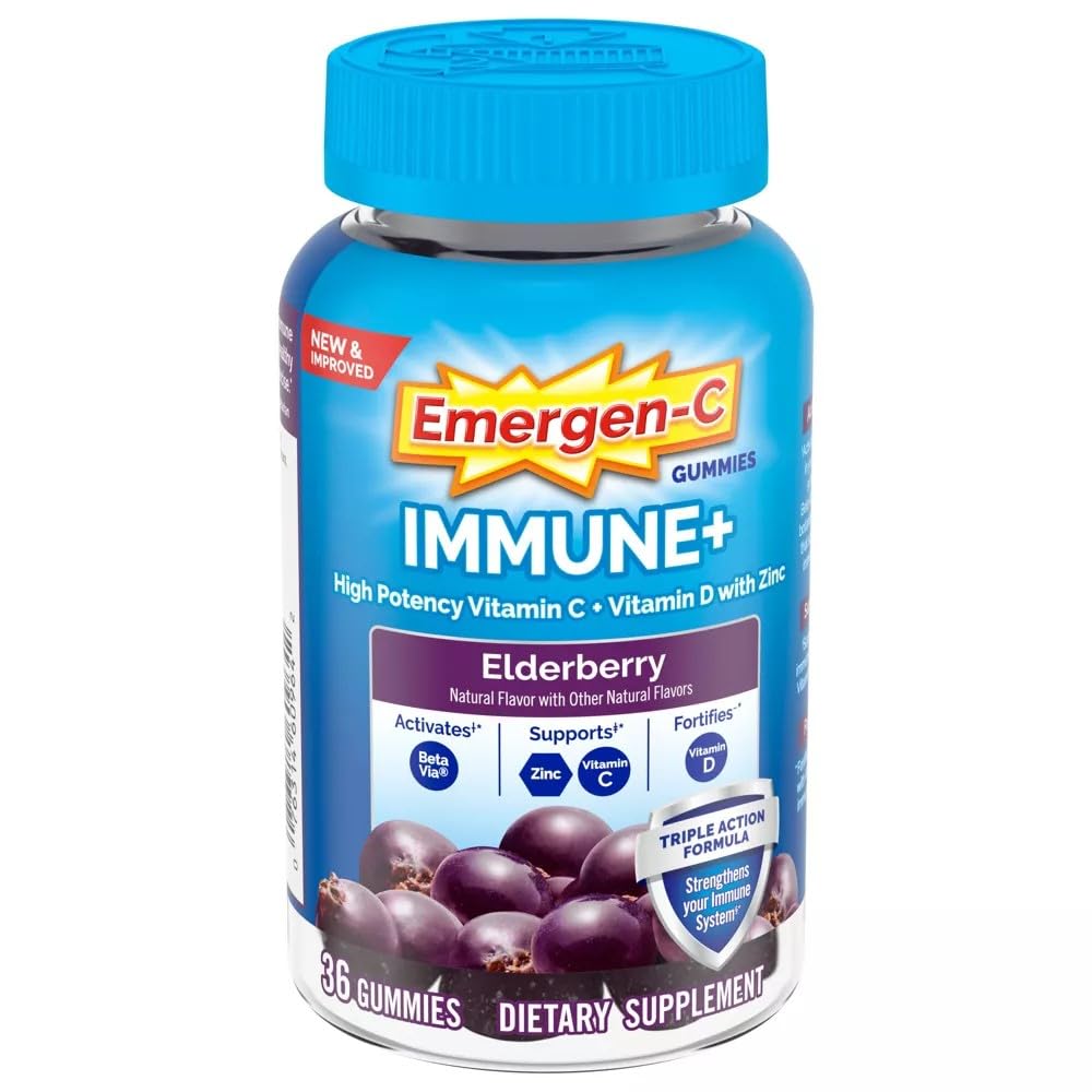 Emergen-C Immune+ Elderberry Gummies, 750 mg Vitamin C with Vitamin D, Zinc and Electrolytes, Immune Support Dietary Supplement, Caffeine Free, Gluten Free, Elderberry Flavor - 36 Count
