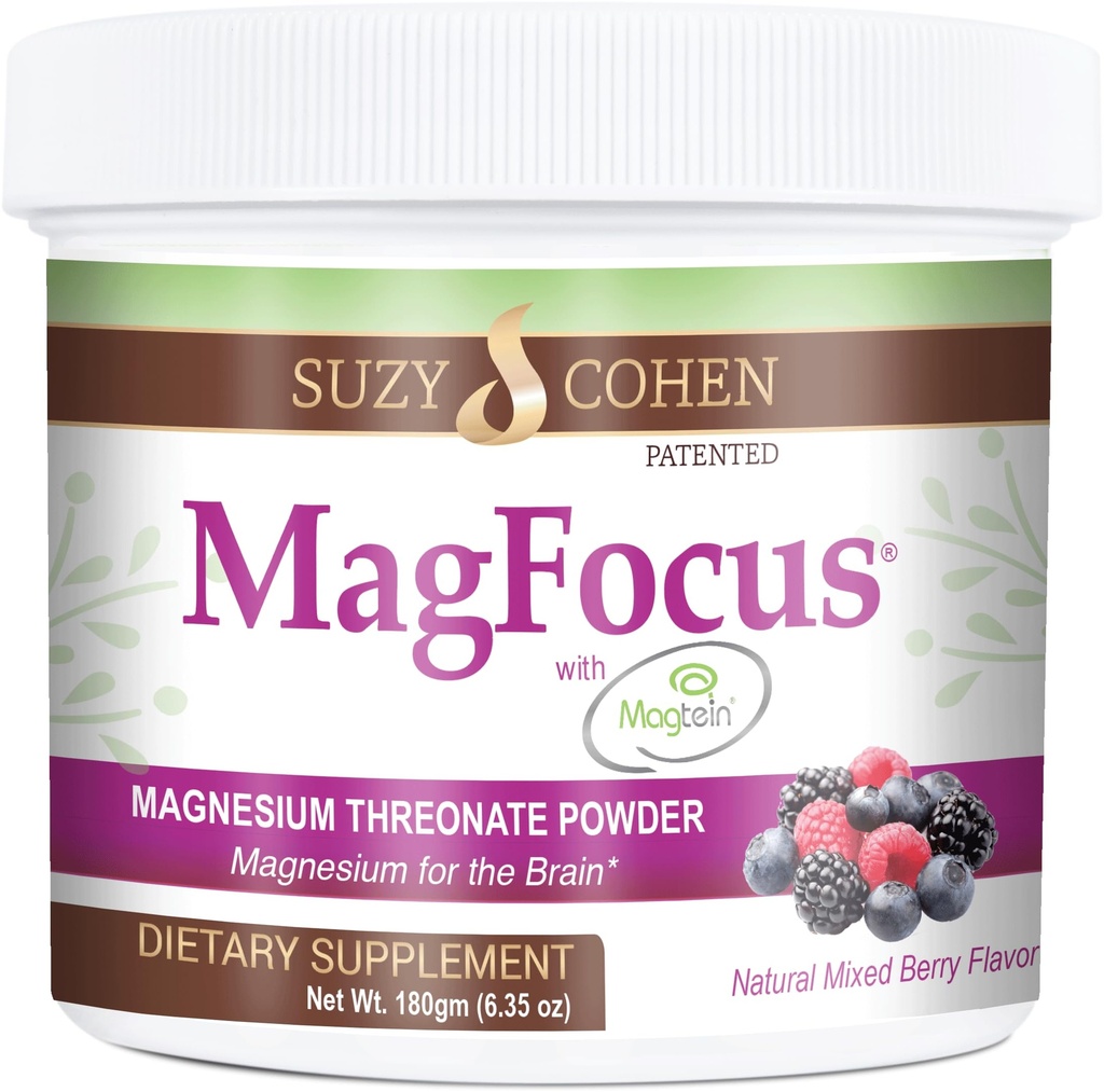 Suzy Cohen MagFocus Magnésium L-Thréonate Poudre avec Magtéine (Mixed Berry) Plus Magnésium Glycinate pour le bien-être, le focus et la cognition - Sans gluten, sans OGM, végétarien (60 portions)