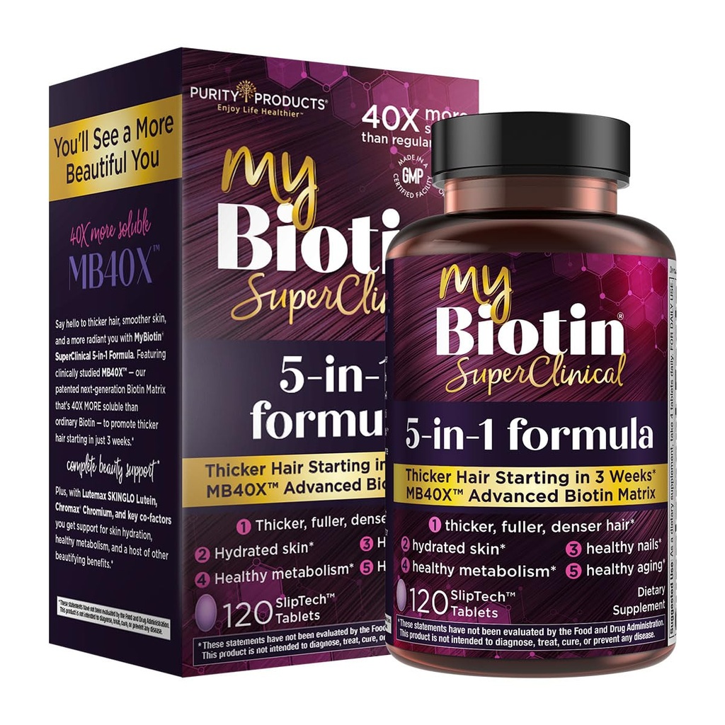 Produits de pureté MyBiotin SuperClinical Nouveau 5-en-1 Elite Multivitamin + MB40X Biotin Matrix Daily Multi - Cheveux plus épais à partir de 3 semaines - 40X Plus Soluble vs les ongles ordinaires de peau de cheveux - 120 Tabs