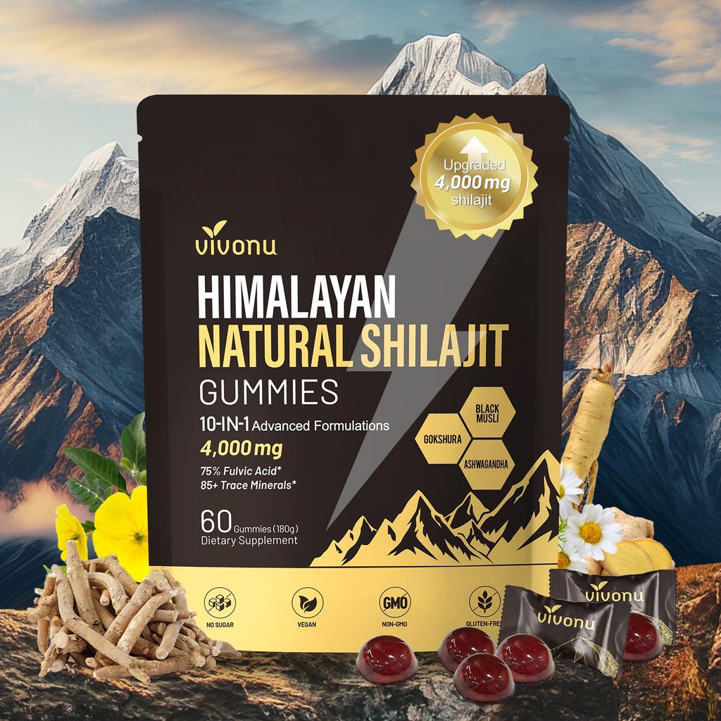 Shilajit for Men & Women Gummies | 4000mg High Potency 10-in-1 Formula with Pure Himalayan Shilajit, Ashwagandha, and 75% Fulvic Acid | Sugar-Free Vegan, 85+ Trace Minerals