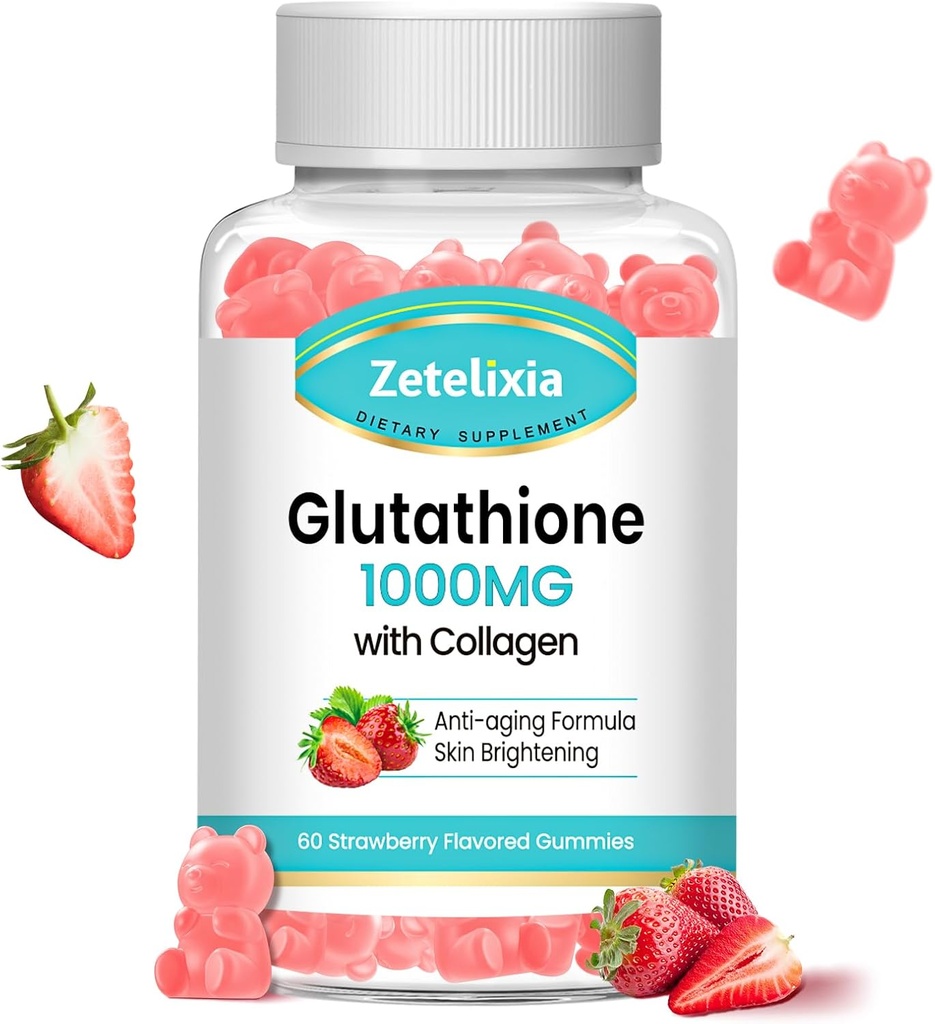Glums collagènes, Gummes collagènes avec vitamine C, supplément de glutathion pour les femmes, ongles de peau de cheveux musculaires et articulaires, anti-âge, végétalien, sans sucre, saveur de fraise, 60 comte