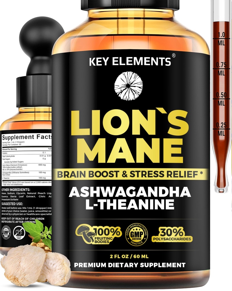 KEY ELEMENTS Smart Lions Mane Extract for Memory, Focus & Brain Health - Lions Mane Tincture with Ashwagandha and L Theanine - Liquid Lion's Mane Nootropic Mushroom Supplement - 2 Month Supply