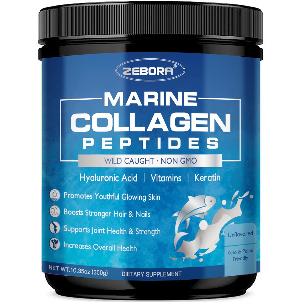 ZEBORA Marine Collagen Peptides Powder with Hyaluronic Acid, Keratin - Wild Caught Hydrolyzed Fish Collagen with Multivitamins - Support Skin Hair Nail, Keto Friendly, 35 Servings