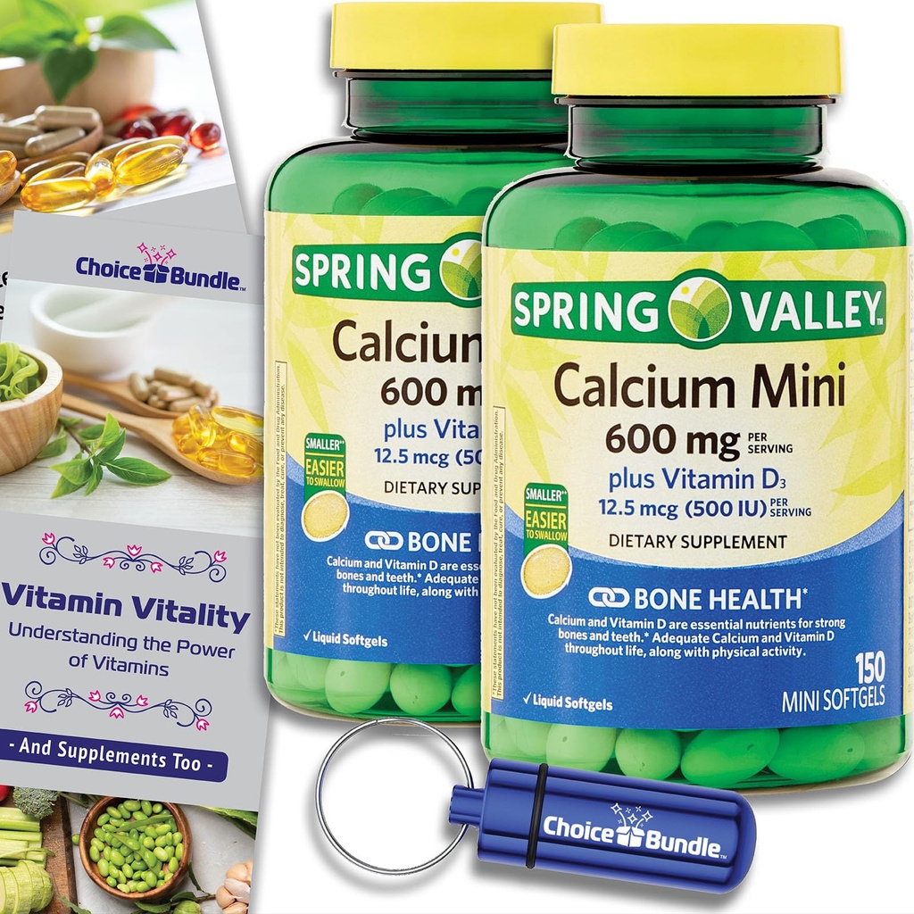 Spring Valley Calcium 600 mg Plus Vitamin D3 12.5 mcg 150 Ct Mini Softgels 2 Pk (300 Total) + Vitamin Guide & Pill Container (4 Items)!