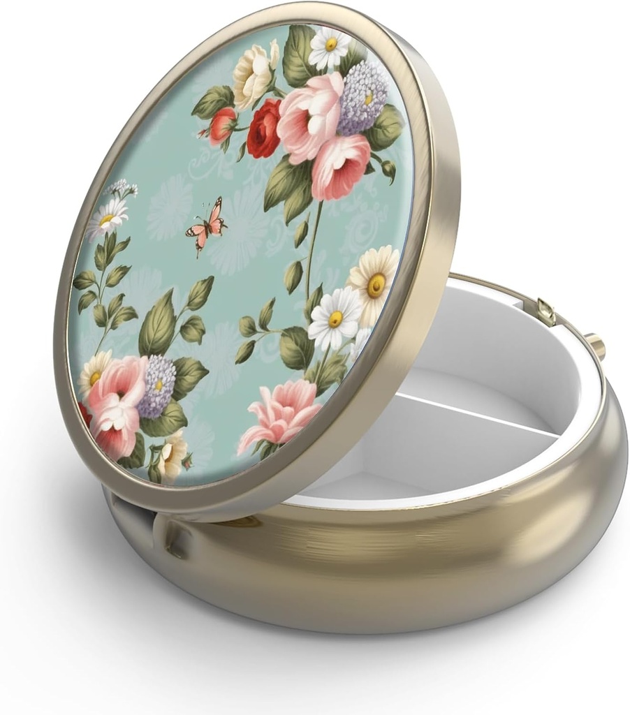 Pill Case Pill Box with Mirror Retro 3 Compartiment Petite Pill Case for Purse or Pocket Bronze Petite Pill Box or Vitamines, Huile de poisson, Suppléments, Pill Containe Travel Gifts( Floral vert rétro)