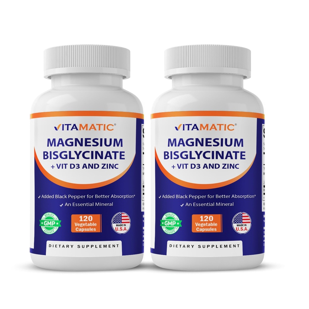 Vitamatic Magnesium (from Bisglycinate & Oxide) with Vitamin D3 & Zinc - 120 Veg Capsules - Supports Muscle, Joint, Nerve & Heart Health – Non-GMO, Gluten-Free - 2 Pack