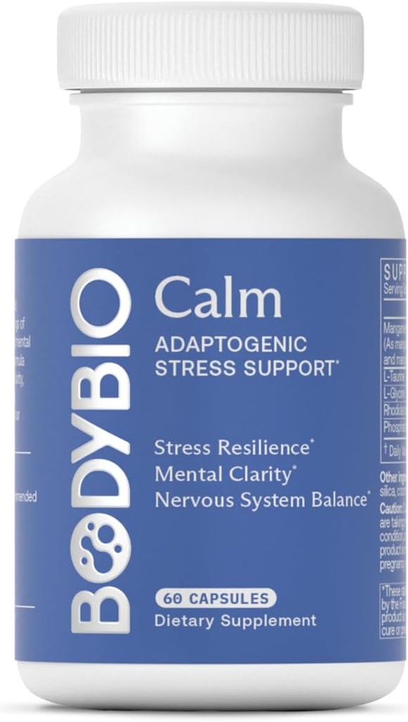 BodyBio Calme - Mélange de soulagement du stress naturel avec Rhodiola, Glycine et Phosphatidylsérine - Soutient la relaxation, la concentration mentale et le cortisol équilibré - Non - Formule de somnolence
