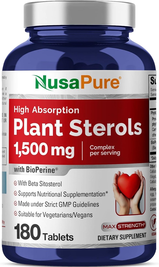 Stérols de plantes NusaPure 1500 mg - 180 Comprimés (non OGM, végétalien) Beta Sitostérol, Biopérine