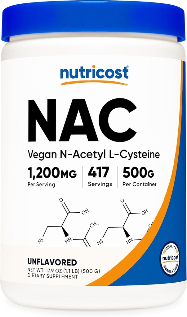 Nutricost N-acétyl L-Cysteine (NAC) Poudre de 500 grammes - NAC végétalien, non-OGM, sans gluten