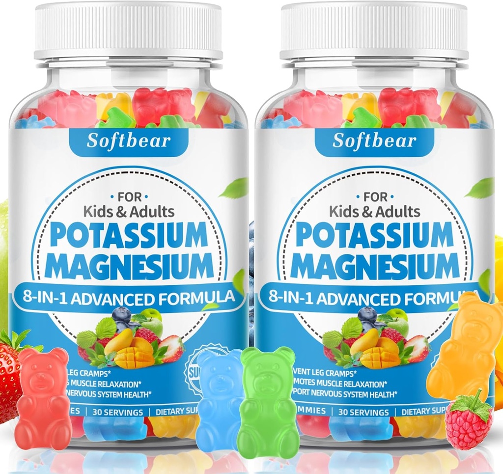 softbear Potassium sans sucre Magnésium Gommies pour adultes Enfants, supplément de potassium haute absorption Gommies soutient les crampes des jambes et la santé musculaire et immunitaire, délicieux fruits mélangés saveurs 120 Comte