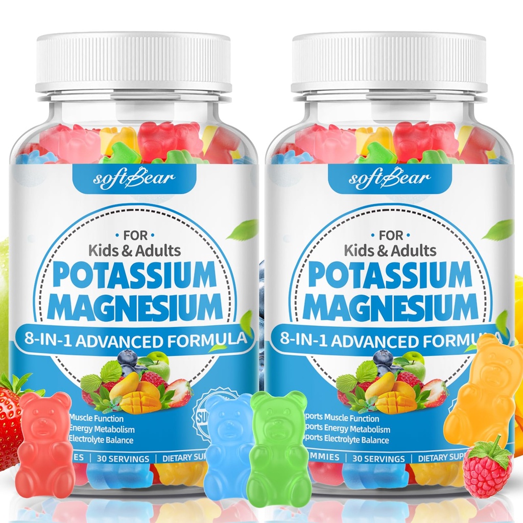softbear Potassium sans sucre Magnésium Gommies pour adultes Enfants, supplément de potassium haute absorption Gommies soutient les crampes des jambes et la santé musculaire et immunitaire, délicieux fruits mélangés saveurs 120 Comte