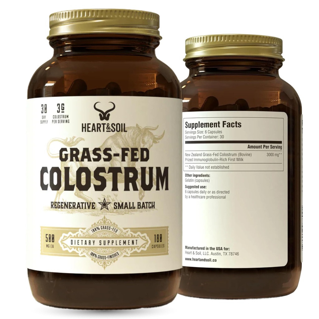HEART & SOIL 100% Grass Fed & Finished Colostrum Supplement from Regenerative Cattle for Gut, Muscle & Immune Health – 3000mg Bovine Colostrum Capsules - Gut Health for Men & Women –180 Capsules