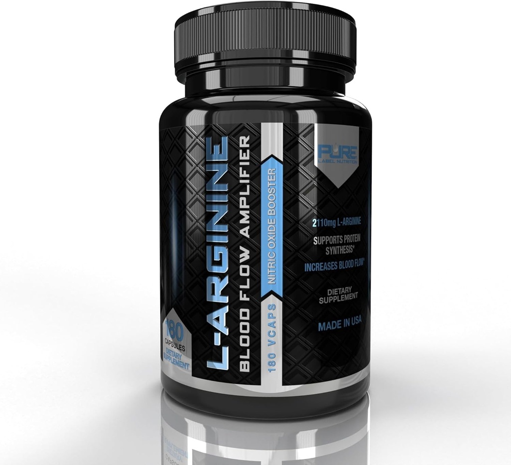 Pure Label Nutrition L Arginine Capsules, Nitric Oxide Booster, Amino Acid Supplément pour les hommes et les femmes, aide à construire les muscles et la force et stimuler l'énergie, le soutien du flux sanguin - 180 capsules