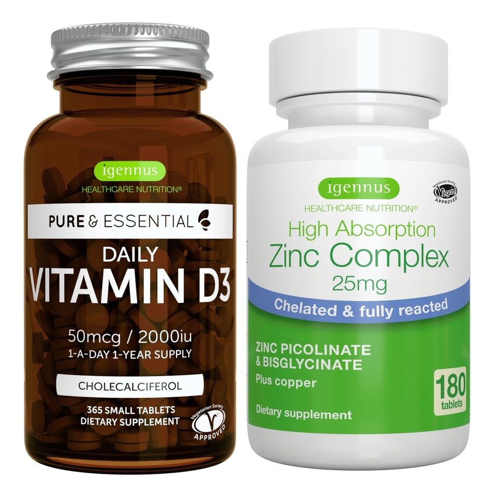 Daily Vitamine D3 + complexe de zinc, 365 2000iu Comprimés Vitamine D3 + 25 mg Picolinate de zinc et bisglycinate chélaté avec du cuivre, par Igennus