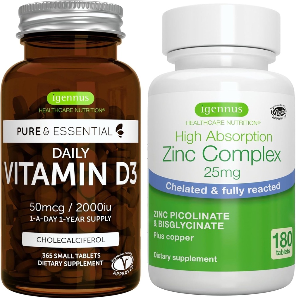 Daily Vitamine D3 + complexe de zinc, 365 2000iu Comprimés Vitamine D3 + 25 mg Picolinate de zinc et bisglycinate chélaté avec du cuivre, par Igennus