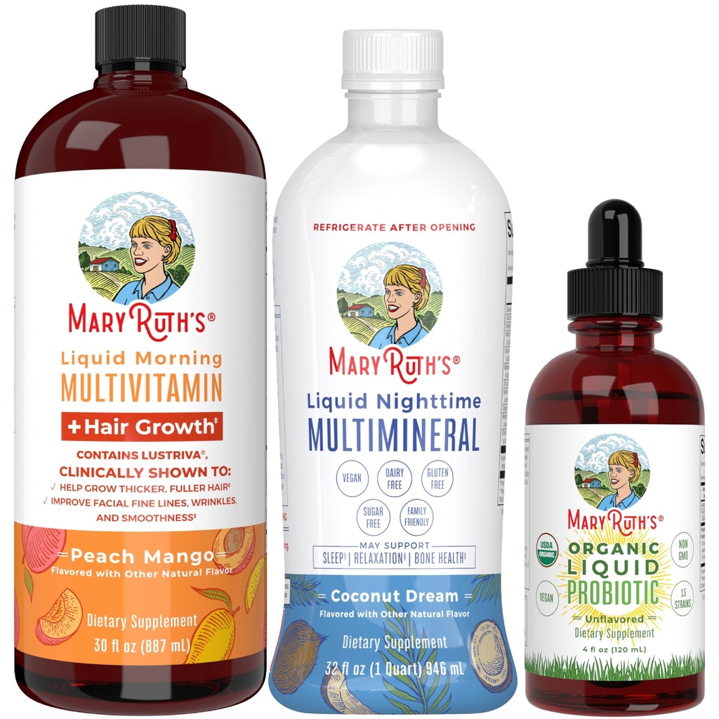 MaryRuth's Morning Multivitamin +Hair Growth (Peach Mango, 30oz), Nighttime Multimineral (Coconut, 32oz) & Probiotic Drops (4oz) | Vegan Vitamins for Beauty, Bedtime Routine, & Wellness | Non-GMO