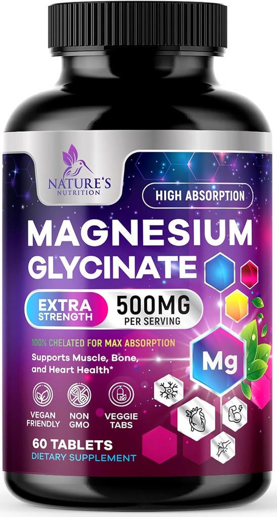 Glycinate de magnésium 500mg - Chélaté pour l'ultra absorption - Soutiens os, muscles, nerfs et santé cardiaque, soutien du sommeil de la nature, Meilleur supplément de magnésium pilules pour le soutien du corps entier - 60 comprimés